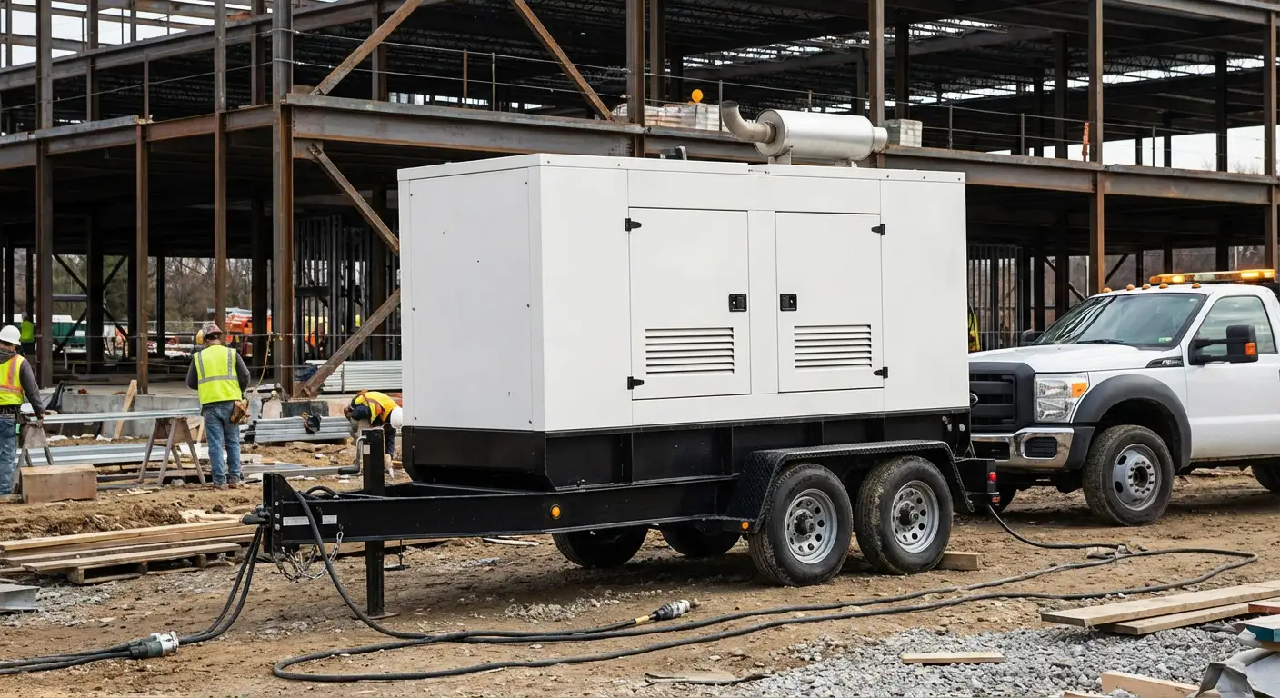 A rugged 100kW towable generator positioned on a dusty construction site near a steel framework, with yellow heavy-duty cables running toward the structure. in Delray Beach, FL