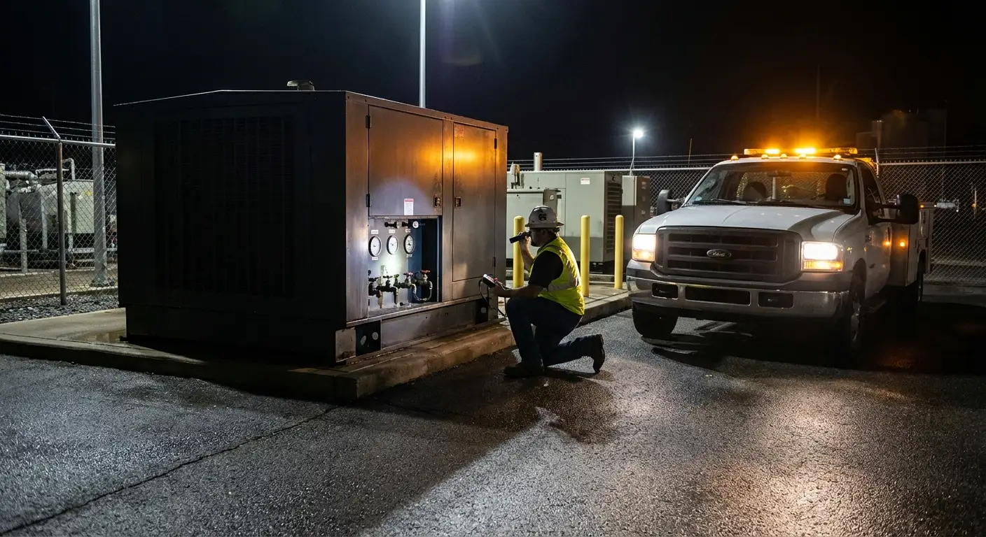 Nighttime shot of a fuel technician monitoring a flow meter while refueling a massive white standby generator enclosure near a secure building. in Delray Beach, FL