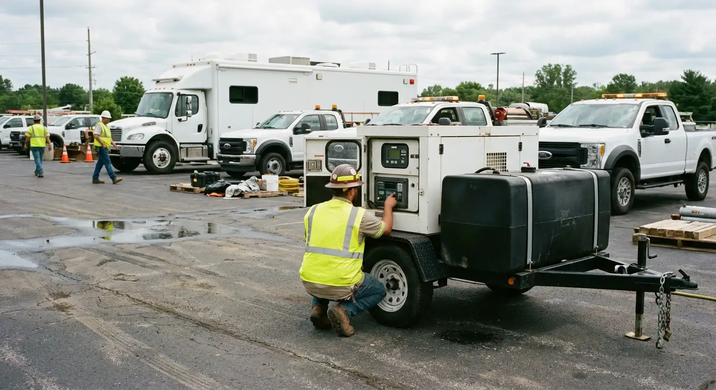 A high-angle shot of an emergency response staging area with a large black mobile command vehicle (bus style); a white industrial generator sits adjacent, with a technician checking the control panel. in Delray Beach, FL