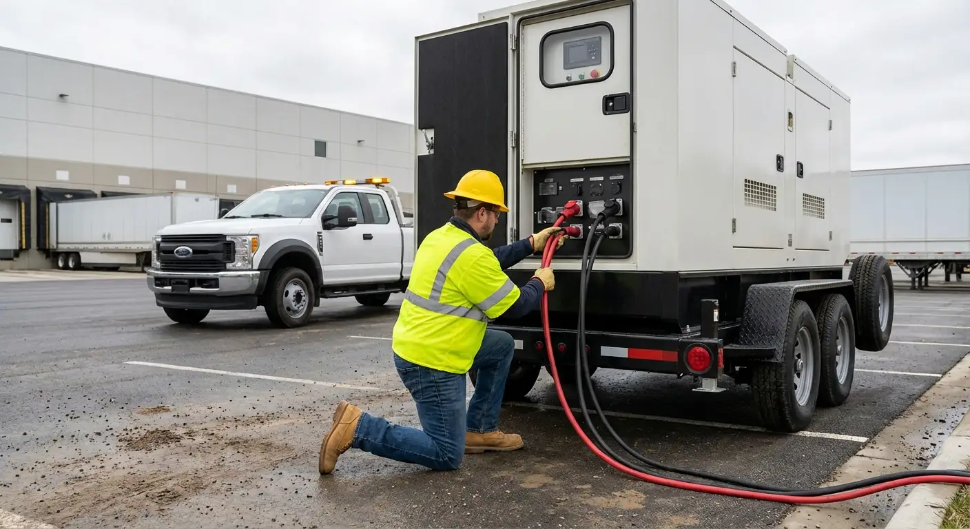 A 500kW mobile generator parked next to a large modern distribution center loading dock at dusk, powering temporary floodlights and equipment. in Delray Beach, FL