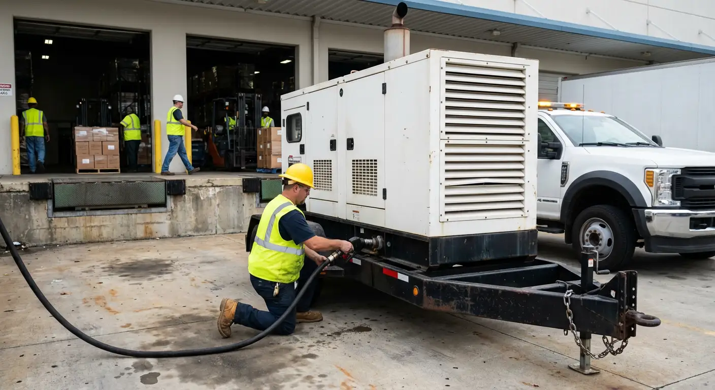 A commercial fuel bobtail truck parked next to a large industrial generator at a busy warehouse loading dock, filling the tank. in Delray Beach, FL