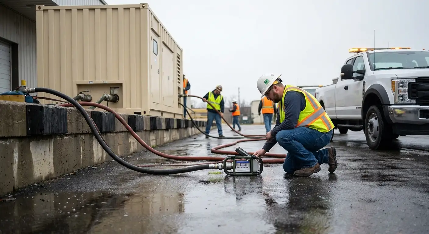 A massive 500kW containerized generator parked in a commercial loading dock during a rainy evening, with a fuel truck parked alongside extending a hose. in Delray Beach, FL