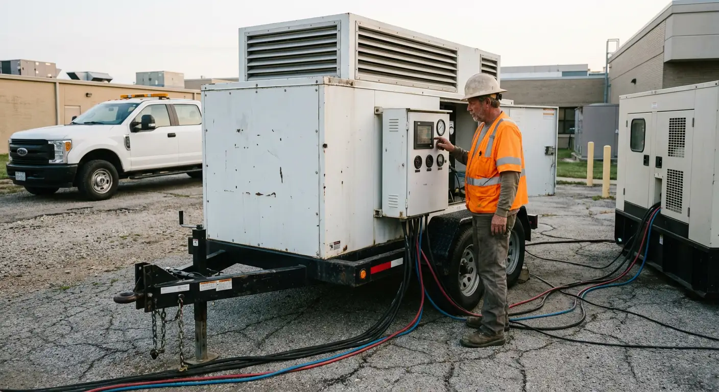 Technician in high-visibility gear adjusting controls on a portable load bank unit stationed outside a hospital utility bay at dawn. in Delray Beach, FL