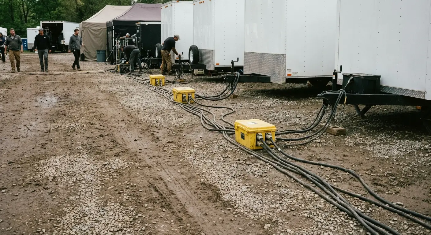 A behind-the-scenes view of a film production base camp; a row of white talent trailers is visible, with yellow cable ramps protecting heavy-duty power cables running along the ground. in Delray Beach, FL