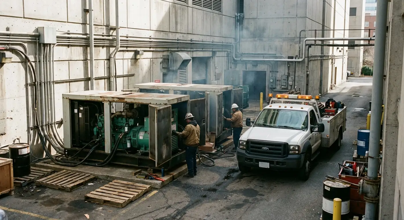 Two large white industrial generators connected in parallel outside a hospital utility building, with thick black cabling running into the facility. in Delray Beach, FL