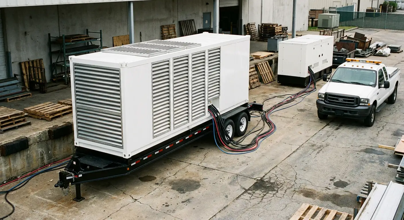 Wide shot of a large resistive load bank trailer connected to a commercial generator behind a busy warehouse loading dock. in Delray Beach, FL