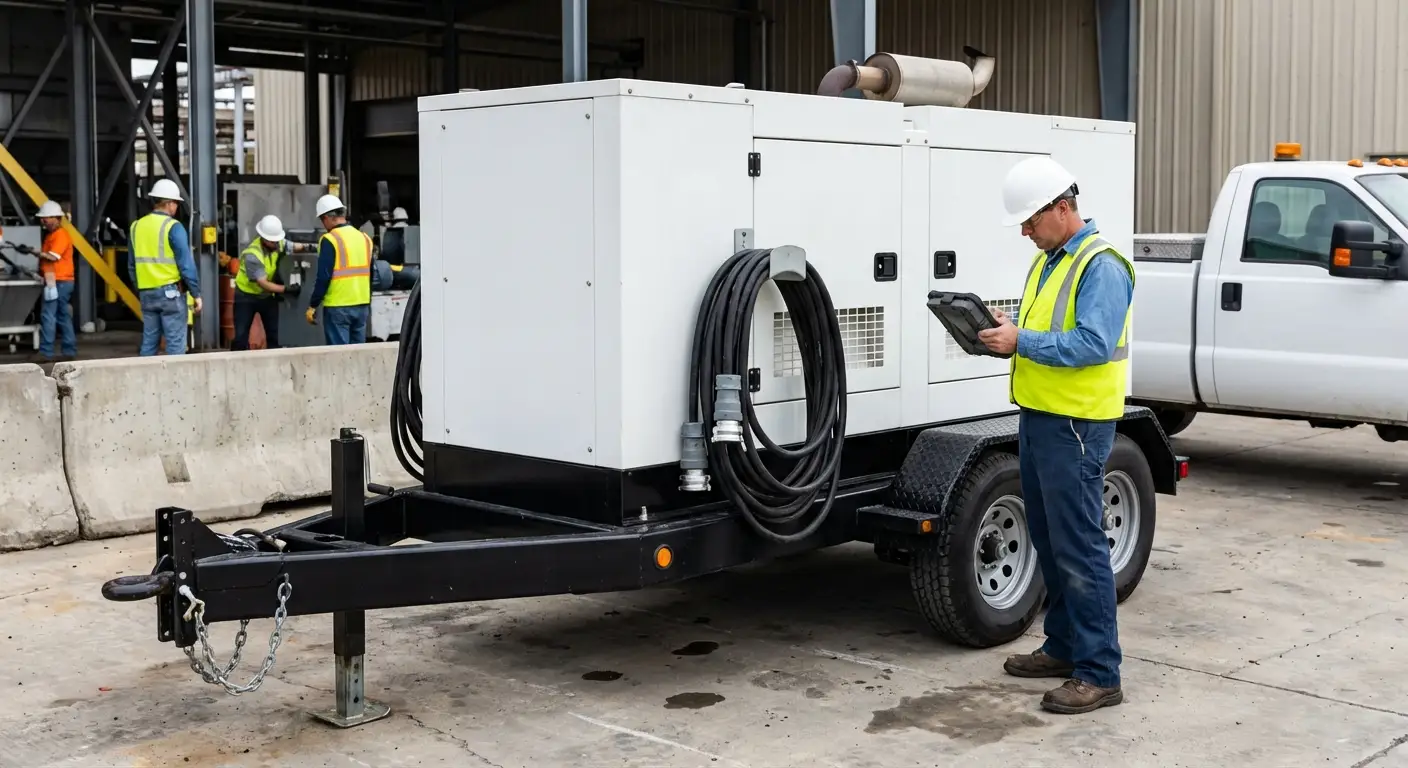 A technician checking the control panel of a towable generator stationed outside a brick factory building during the day, with industrial conduit visible. in Delray Beach, FL