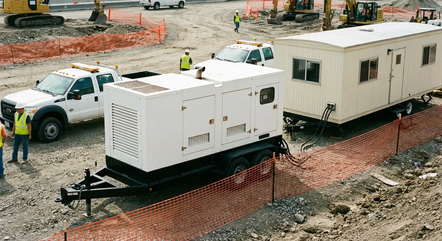 A rugged construction site setting featuring a beige mobile office trailer; in the foreground, a towable 40kW diesel generator is stationed on gravel, connected via thick black cabling to the trailer's power inlet. in Delray Beach, FL