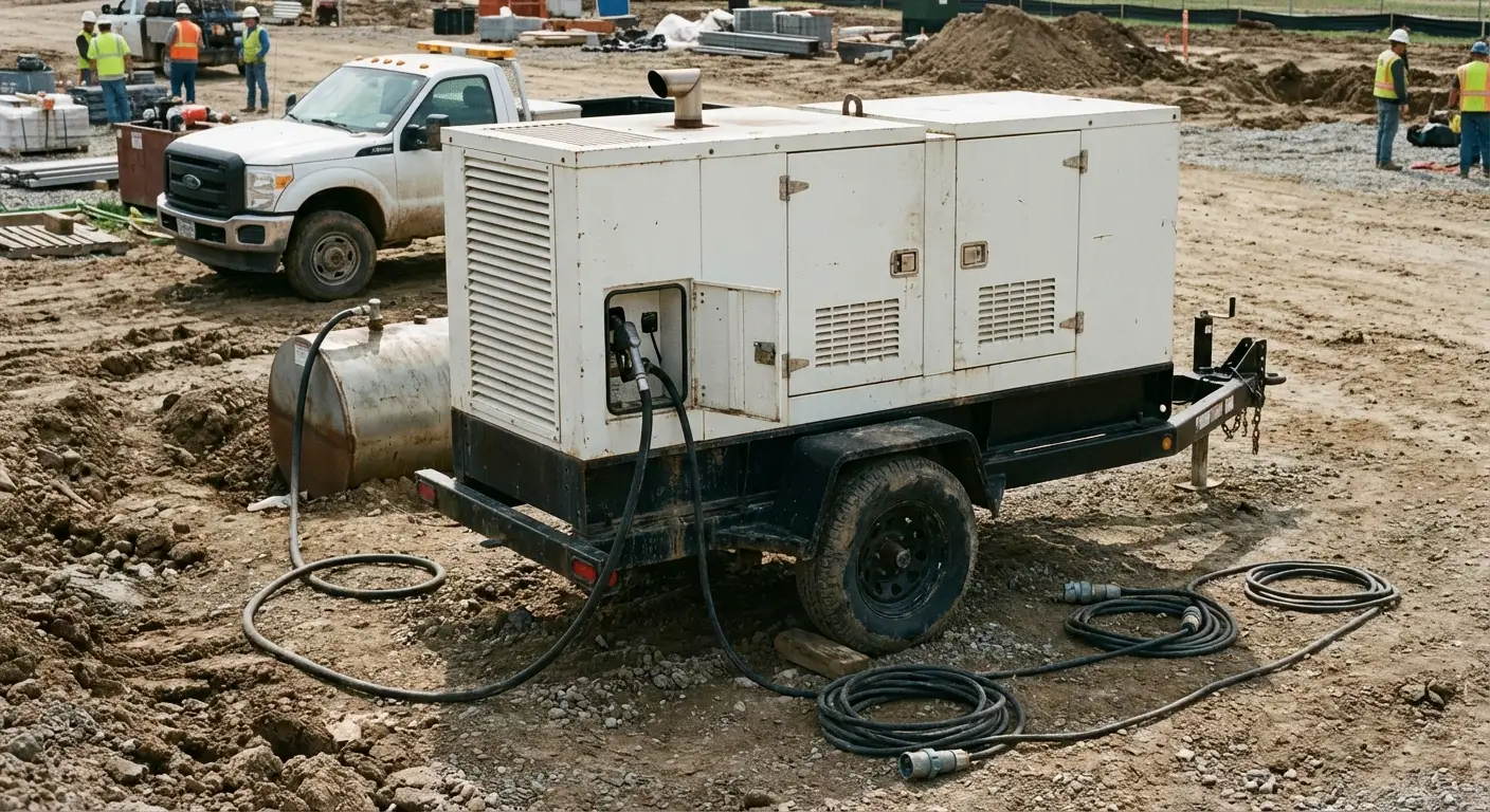 Early morning on a construction site, a fuel hose extending from a truck to a yellow towable generator sitting on gravel. in Delray Beach, FL