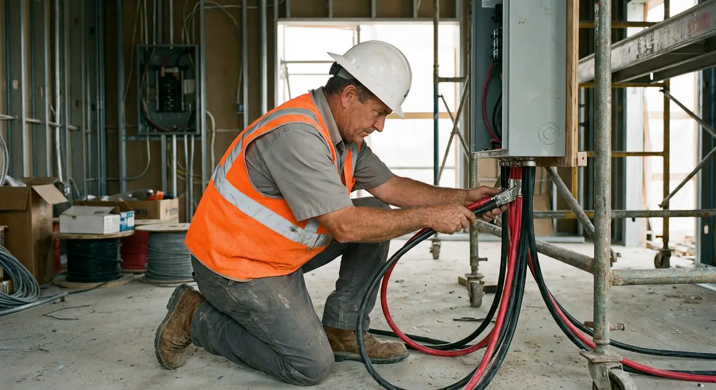 Close-up of heavy-gauge cam-lock cables being connected from a load bank to a building's main distribution panel. in Delray Beach, FL