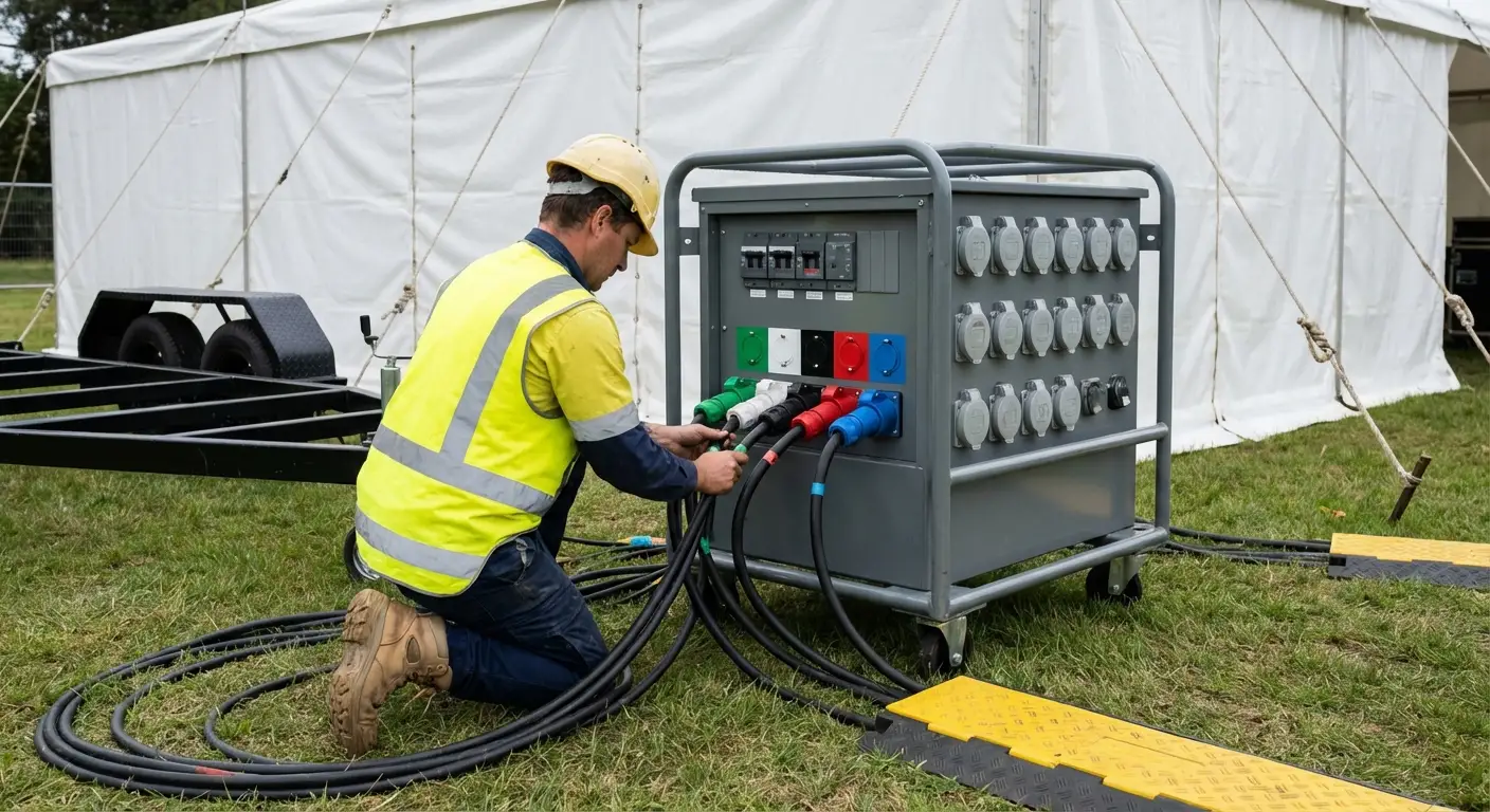 A sleek, white commercial generator placed discreetly behind a hedge at an outdoor event, connected to a distribution panel and spider boxes near a white tent. in Delray Beach, FL